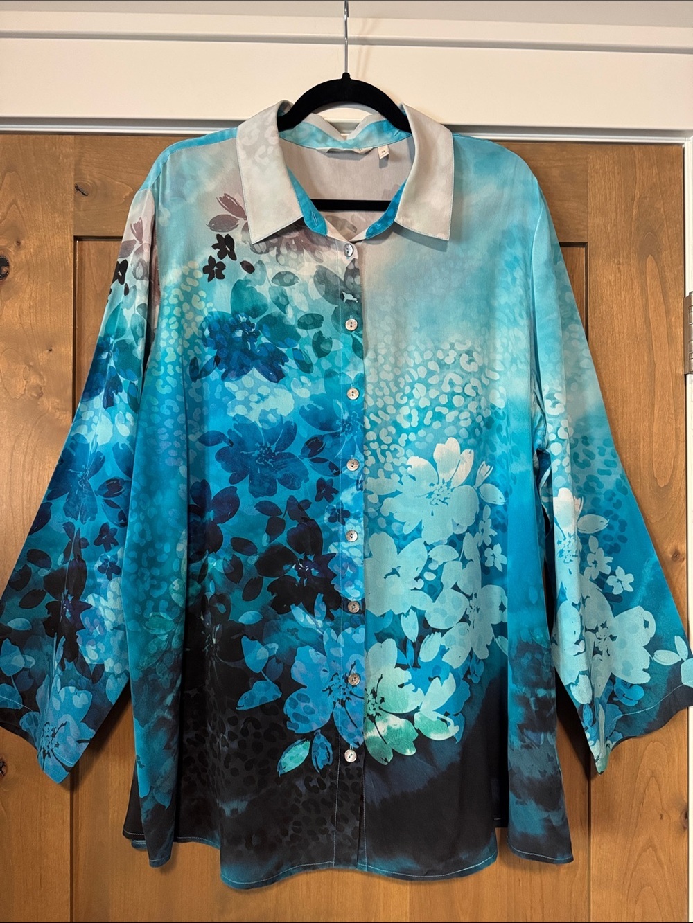 Soft Surroundings 100% Silk Jolene Blue Floral Blouse Womens 2X plus size Beach
